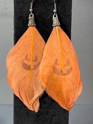 Dangle Feather Orange Silver Tone Earrings Halloween Retro Boho Mid Century  4