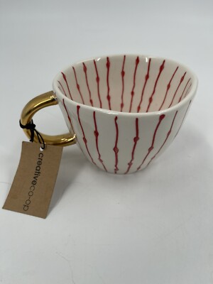 Creative Co-Op White Mug w/ Red Accents And Gold Handle - New Condition-image