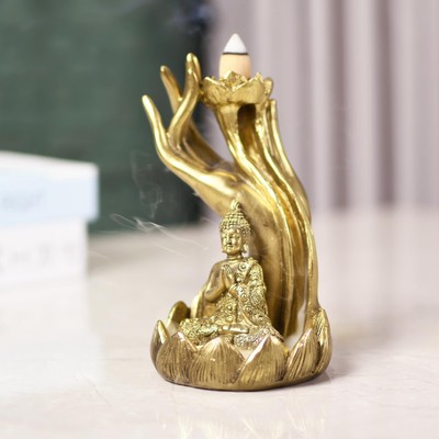 Buddha Hand on Lotus Backflow Incense Burner, Joss Stick Incense Cone Holder,...-image