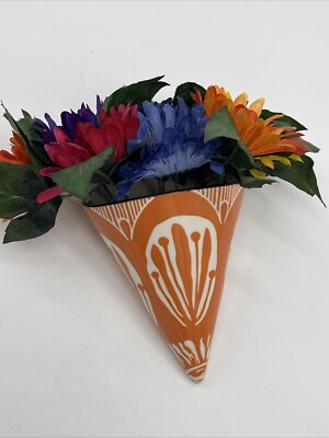 Creative Co-op Stoneware Wall Cone Vase, Wall Pocket, Orange & White Flower-image