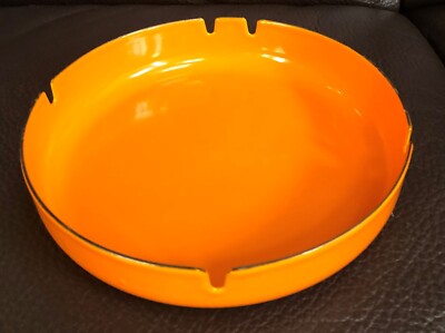 Retro Mid Century Ashtray Large Orange Enamel over Metal 8