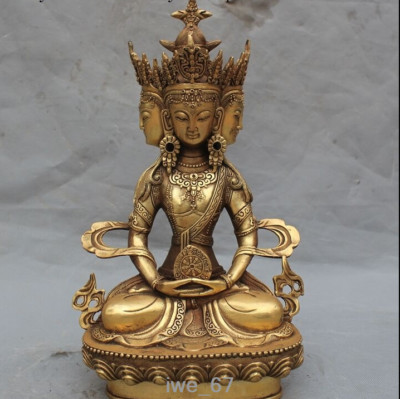Tibet Buddhism Fane Joss Brass 4 Head kwan-yin GuanYin Amitayus Buddha Statue-image