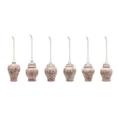 Set/6 Pink White Asian Floral Print Ceramic Ginger Jar Christmas Tree Ornaments-image