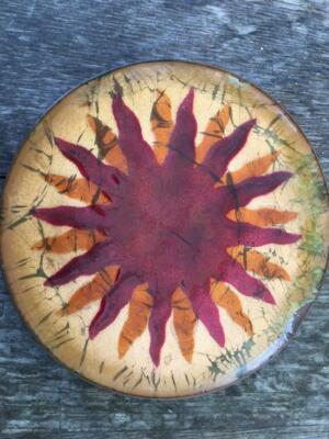 Mid Century Modern Enamel Plate Red Orange Sunburst A.List Mexico-image