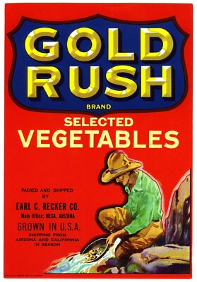 GOLD RUSH (MINER PANNING GOLD) ORIGINAL 1940s MESA ARIZONA VEGETABLE CRATE LABEL-image