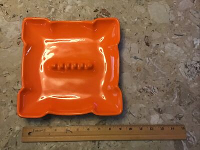 Mid Century Modern MCM Ashtray #8007 Orange Ceramic Wood Grain Retro MOD Calif-image