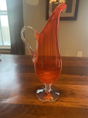 Mid Century Vintage Italian Art Glass Footed Jug Pitcher Vibrant Orange-image