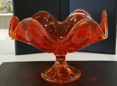 Vintage Orange Amber Art Glass Mid Century Modern Viking Swung Glass Bowl 1960's-image