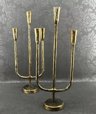 Pair Of Gold Brass Finish Forged Metal Brutalist 21” Candle Holders Creative-image