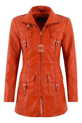 Ladies Zip up Leather Jacket Orange Mid Length Slim Fit Style Casual Jacket Coat-image