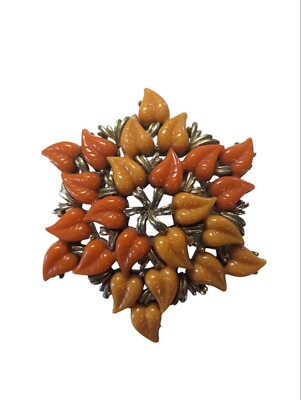 Vintage Coro Orange Thermoset Floral Brooch Mid Century Modern-image