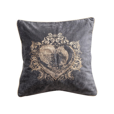 , Navy Square Cotton Velvet Printed Pillow with Hand-Embroidered Beads, Color-image