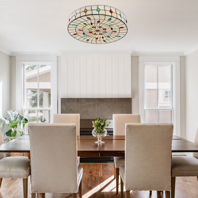 Tiffany Style Vintage Stained Glass Flush Mount Ceiling Light Pendant Lamp-image
