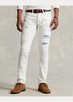 268 Polo Ralph Lauren Men Sullivan Slim Distressed Repaired Patchwork White Jean-image