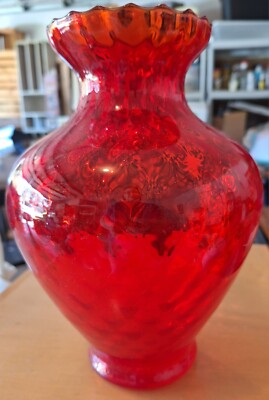 1960s MID CENTURY GLASS RED-ORANGE OPTIC VASE QUILTED (Diamond) 10