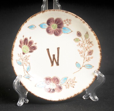 Creative Co-op Beige Ceramic Trinket Dish W Monogram Purple Floral 5-1/2 In Diam-image