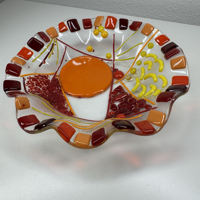 Fused Glass Art Bowl Dish Orange Red Yellow Mid Century Modern 7.25 In Diameter-image