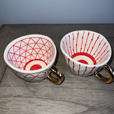 Creative Co- op Mug White With Red Color design And Gold Handle Color. Set Of 2-image