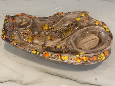MCM Ceramic Drip Glaze Mid Century Modern Ashtray Brown Gold Orange Bohemian 70s-image