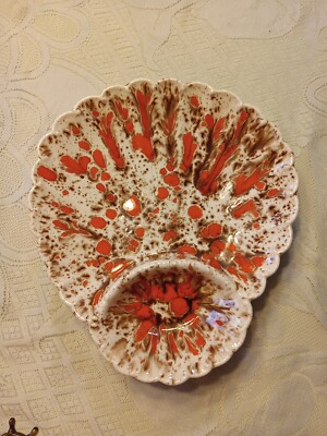 Vtg MCM Ceramic Sectioned Serving Dish Orange Red Brown Drip Speckled Scalloped -image