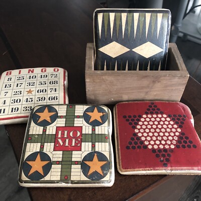 Creative Co 3.75” Square Thick Vtg Board Games Resin Wood Box 4 Coasters-image