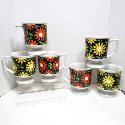 6 Orange Yellow Floral Coffee Tea Cup Mid Century Retro pedestal Mann Made Mug-image