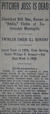 1911 Chicago Sports Page - Cleveland Pitcher Addie Joss is Dead-image