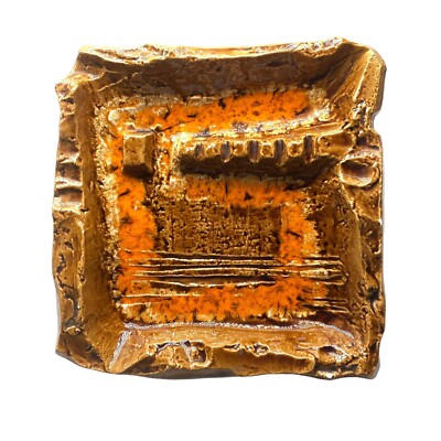 Mid-Century Modern Drip Glaze Ashtray Ceramic 9.5 Sq. Brown/Orange/Yellow Cigars-image