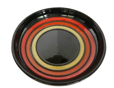 Vtg Mid Century Pottery Black Orange & Yellow Concentric Rings Serving Bowl Dish-image