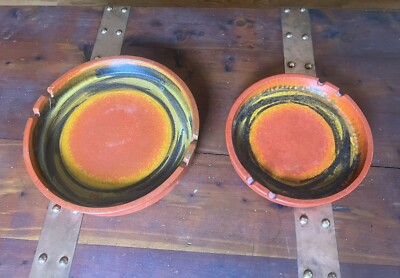 Pair Of Vintage Raymor Bagni Italy Orange Round Pottery Ashtrays Mid Century-image
