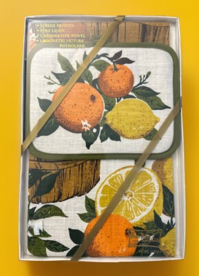 Kay Dee Hand Prints Pure 100% Linen Towel Pot Holder Orange & Lemons Mid Century-image