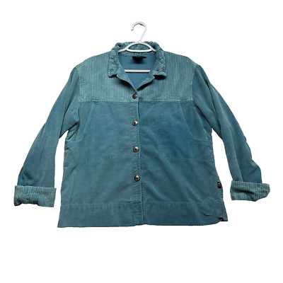 Produce Co Womens Corduroy Button Up Top Size L Teal Lagenlook Bohemian Artsy-image