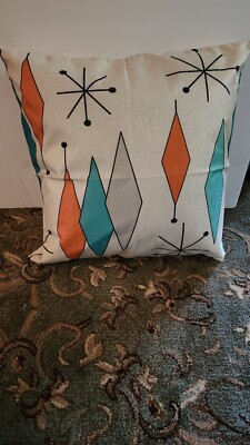 Brand New Teal/Orange/Gray Grid Square Linen Mid Century Square Pillow!-image
