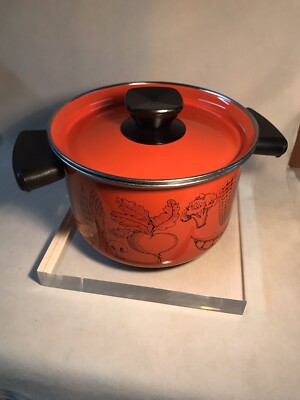 VTG Mid Century Enamel and Metal Cooking Pot Orange Red-image