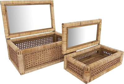 Creative Co-Op Cane and Rattan Display Boxes with Glass Lid, Set of 2 -image
