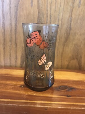 Vintage Drinking Glass Butterfly And Wheat Orange Mid Century Modern-image