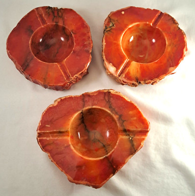 (3) Vtg Italian Red Orange Alabaster Natural Live-Edge Ashtrays Mid-Century Cool-image
