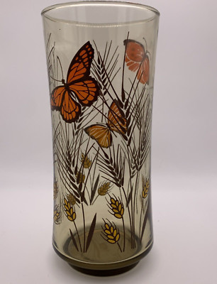 Vintage Libbey Drinking Glass Butterfly And Wheat Orange Mid Century Modern-image