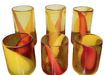 6 Heavy Handblown Glasses Orange Red 3-6