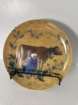 Creative Co-Op~Kate McRostie~8” Decor Plate~Woman Milking Cow~French/Cottage~🐄~-image