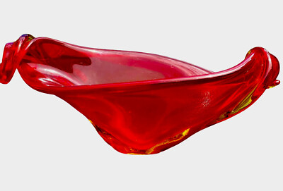Mid Century Modern Murano  Orange Amberina /Citron Hand Blown Bowl 10 1/2 “-image