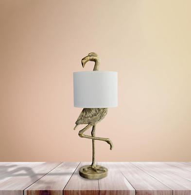 Creative Co-Op Resin Flamingo Table Lamp with Linen Shade, Gold Finish-image