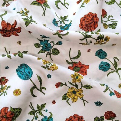 Vintage Mid-Century Floral Fabric, Day Lilies Tulips Mums, Blue Orange Yellow-image