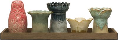 Creative Co-Op Eclectic Stoneware Votive Holders on Tray, Set of 6 Multicolor -image