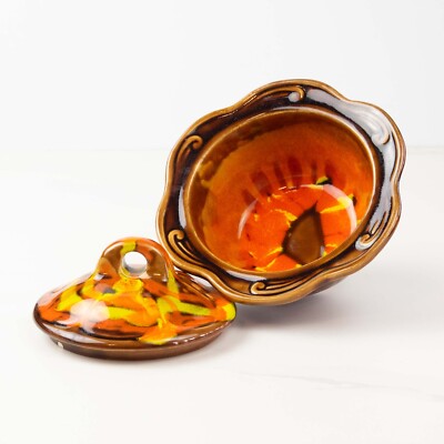 MCM Orange and gold glaze lidded Ceramic Trinket Dish Mother's Day-image