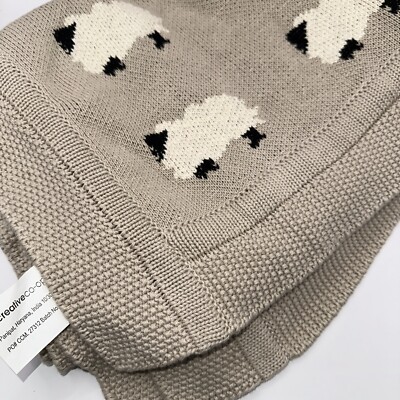 Creative Co-op - Cotton Knit Beige Baby Blanket with Sheep.-image