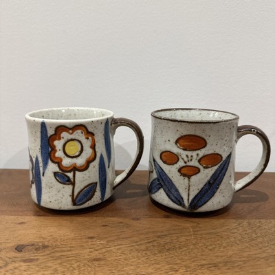 Pair of Mid Century Orange & Blue Floral Ceramic Mugs-image