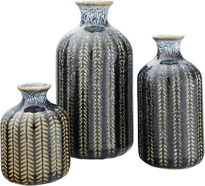 Embossed Stoneware Reactive Glaze Finish (Set of 3 Sizes) Vase Set, Blue-image
