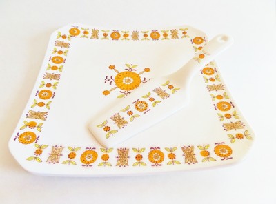 Mid Century Orange Flower Cake Plate Server Square Retro Stand Ceramic 1970 1960-image
