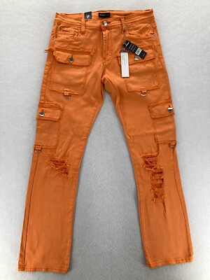 Preme Jeans Mens 34x34 Semi Stacked Fit Cargo Utility Orange Distressed Denim-image